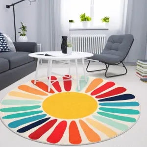 Washable 5x5 Circle Rug Low Pile Round Rug for Bedroom Living Room Non Slip Nursery Rug Non Shedding Kids Room Rug, Red
