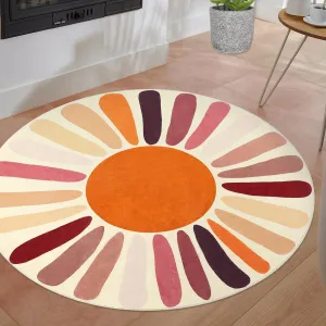Kids 4'-Round Area Rug Non-Slip Washable Pearl Velvet Soft Low Pile Colorful Sunshine Nursery Playroom Carpet