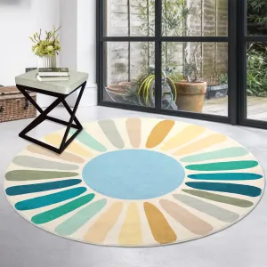 Round Rug 3ft Boho Retro Washable Circle Rug for Kids Room Sunrise Round Rug Non-Slip Throw Nursery Rug Colorful Throw Floor Cover Carpet for Living Room Bedroom Playroom, Blue