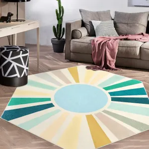 Sun Boho Rug 4x4.6 Hexagon Washable Kids Rug for Nursery Room Ultra Soft Non-Slip Carpet Indoor Mat for Bedroom Classroom Living Room Entryway, Blue