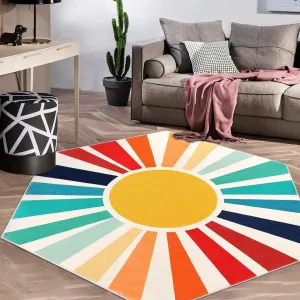 Sun Boho Rug 4x4.6 Hexagon Washable Kids Rug for Nursery Room Ultra Soft Non-Slip Carpet Indoor Mat for Bedroom Classroom Living Room Entryway