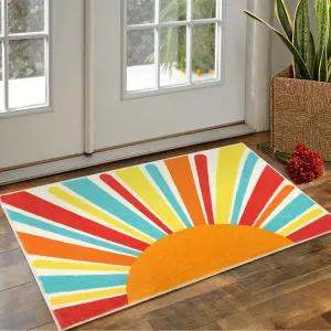 Sun Rug 2x3 Entryway Rug Washable Small Bedroom Area Rug Non-Slip Stain Resistant Rainbow Nursery Rug Boho Retro Playmat Sunshine Throw Floor Covers Carpet for Living Room Kids Room, Multi