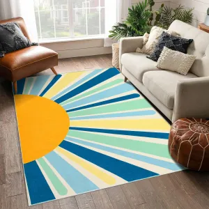Washable Area Rug Colorful Sunrise Nursery Rug 5x7 Area Rug Non-Slip Low Pile Throw Floor Cover Large Bedroom Carpet Boho Retro Carpet Sun Rug for Living Room Playroom, Blue
