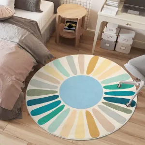 4ft Round Rug Retro Sun Round Rug Washable Boho Rug for Nursery Non-Slip Low Pile Playroom Circle Rug Round Throw Floor Cover Carpet Colorful Kids Rug for Living Room Bedroom, Blue