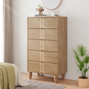 Modern Wooden 5 Drawer Dresser with Vintage Pattern Design, Tall Dresser for Closet, Chest Dresser with Deep Drawers for Bedroom, Living Room and Entryway, Oak and Gold