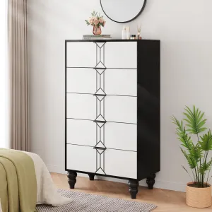 Modern Wooden 5 Drawer Dresser with Vintage Pattern Design, Tall Dresser for Closet, Chest Dresser with Deep Drawers for Bedroom, Living Room and Entryway, Black and White