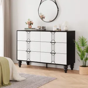 Modern Wooden 6 Drawer Dresser with Vintage Pattern Design, Chest Dresser with Deep Drawers for Bedroom, Living Room and Entryway, Black and White