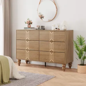 Modern Wooden 6 Drawer Dresser with Vintage Pattern Design, Chest Dresser with Deep Drawers for Bedroom, Living Room and Entryway, Oak and Gold