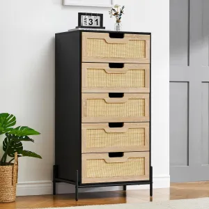 Rattan Dresser Tall 5-Drawer Storage Unit for Bedroom, Closet, Living Room - Smooth Metal Slides, Anti-Tip Device, Easy Assembly