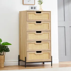 Rattan Dresser 5-Drawer Tall Chest Oak Color + Multifunctional Storage + Large Capacity + Natural Rattan + Smooth Metal Slides + Anti-Tip Device + Easy Assembly + Bedroom Living Room