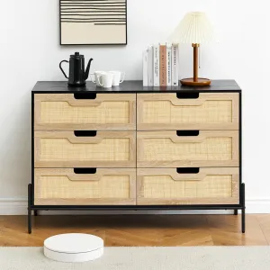 Rattan Dresser, 6-Drawer Tall Chest for Bedroom, Storage Organizer, Metal Slides, Anti-Tip, Natural Rattan, Easy Assembly