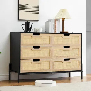 Rattan Dresser 6-Drawer Tall Dresser for Bedroom with Storage Organizer Units, Oak Color, Smooth Metal Slides, Anti-Tip Device, Natural Rattan Material, Easy to Assemble