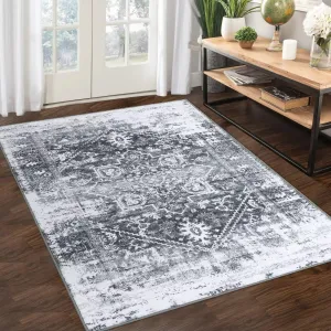 Large Rug 8x10 Vintage Area Rug Non-Slip Distressed Area Rug Machine Washable Indoor Floor Carpet Low Pile Rug Foldable Accent Rug for Bedroom Nursery, Grey