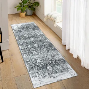 Runner Rug 2x6 Machine Washable Hallway Rug Vintage Area Rug Non-Slip Distressed Throw Floor Carpet for Kitchen Laundry Room Bedroom, Grey