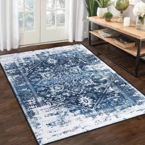 Washable Rug 9x12 Vintage Distressed Rug Non Slip Non Shedding Area Rug Machine Washable Indoor Carpet Foldable Accent Rug Low Pile Rug for Bedroom Living Room, Navy
