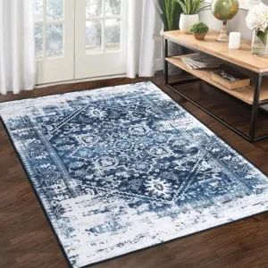 Area Rug 5x7 Vintag Rug Machine Washable Area Rug Non Slip Non Shedding Distressed Throw Rug Low Pile Indoor Carpet Foldable Accent Rug for Bedroom Living Room, Navy