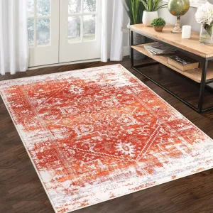 Large Rug 8x10 Vintage Area Rug Non-Slip Distressed Area Rug Machine Washable Indoor Floor Carpet Low Pile Rug Foldable Accent Rug for Bedroom Nursery, Orange