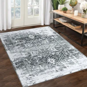 Area Rug 5x7 Vintag Rug Machine Washable Area Rug Non Slip Non Shedding Distressed Throw Rug Low Pile Indoor Carpet Foldable Accent Rug for Bedroom Living Room, Grey