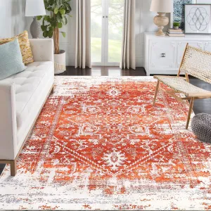 Area Rug 5x7 Vintag Rug Machine Washable Area Rug Non Slip Non Shedding Distressed Throw Rug Low Pile Indoor Carpet Foldable Accent Rug for Bedroom Living Room, Orange