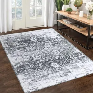 Washable Rug 9x12 Vintage Distressed Rug Non Slip Non Shedding Area Rug Machine Washable Indoor Carpet Foldable Accent Rug Low Pile Rug for Bedroom Living Room, Grey