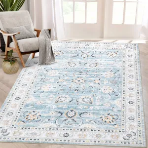 9x12 Large Living Room Area Rug Washable Rug Vintage Accent Floor Cover Retro Distressed Area Rug Non-Slip Indoor Area Rug for Bedroom Home Office, Blue