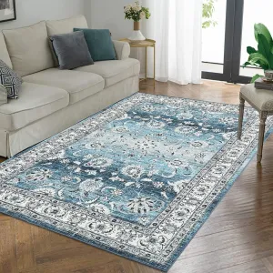 Vintage Area Rug 8x10 Navy Non-Slip Stain Resistant Washable Large Bedroom Living Room Boho Traditional Accent Carpet