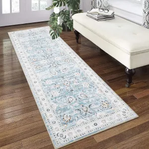 Area Rug 2x6 Long Hallway Runner Rug Washable Rug Vintage Distressed Doormat Boho Kitchen Runner Rug Accent Rug Retro Runner Rug for Living Room Bedroom Laundry, Blue
