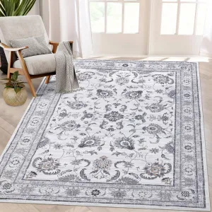 Washable Rug 4x6 Bedroom Rug Boho Distressed Rug Vintage Rug Large Rug Accent Rug Indoor Throw Carpet Retro Floor Cover for Living Room Bedroom Kitchen Home Office, Grey