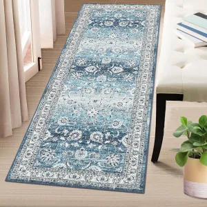 Runner Rug 2x6 Washable Rug Non-Slip Hallway Runner Rug Indoor Stain Resistant Throw Floor Caver Vintage Rug Boho Accent Living Room Runner Retro Carpet for Bedroom Laundry, Navy