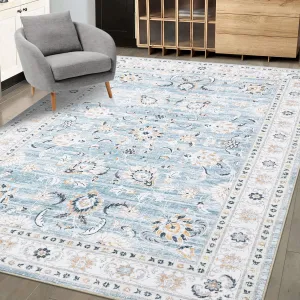 Area Rug 8x10 Large Vintage Rug Machine Washable Area Rug Indoor Floor Cover Boho Distressed Rug Retro Accent Area Rug for Living Room Bedroom Kitchen, Blue
