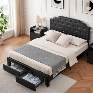 Full Bed Frame with 2 Drawers, Upholstered Leather Headboard, Wooden Slats Support, No Box Spring Needed, Easy Assembly, Black