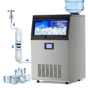 100Lbs/24h,Ice Maker, 33lbs Bin,Freestanding with 2 Inlet Modes, Ideal for Home Bars, Coffee Shops, Business.