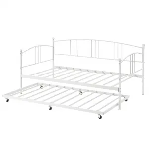 Metal Daybed with Trundle, Steel Slat Support, Headboard, 6 Casters, Twin, White, Living Room, Guest Room