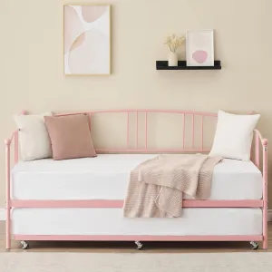Twin Metal Daybed with Trundle, Twin Size Daybed Frame with Pullout Trundle 6 Casters, Steel Slat Support Guest Sofa Bed for Living Room, Bedroom, Apartment, No Box Spring Needed (Pink)