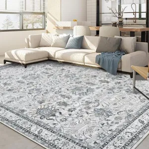 Persian Grey 5x7 Vintage Area Rug Low Pile Non Slip Washable Polyester Soft Texture Neutral Milk Grey for Living Room Bedroom Office