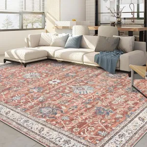 Persian Brick Red 5x7 Vintage Area Rug Distressed Oriental Design Low Pile Non Slip Polyester Washable Neutral Brick Red for Living Room Bedroom Office