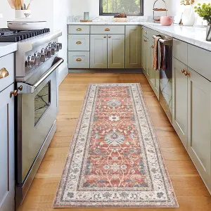 Persian Brick Red 2x6 Washable Runner Rug Vintage Floral Non-Slip Soft Polyester Stain Resistant Foldable Entryway Kitchen Bathroom
