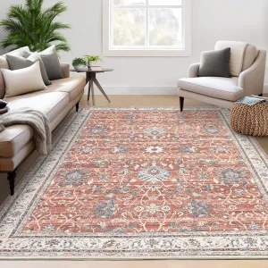 Persian Brick Red 9x12 Washable Area Rug for Living Room Boho Vintage Rug Non Slip Throw Rugs Distressed Large Area Rug for Bedroom Low Pile Soft Stain Resistant Carpet for Dining Room