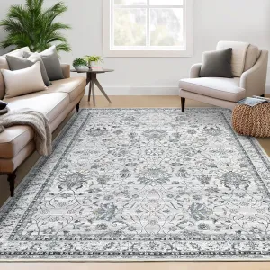Persian Grey 9x12 Washable Rugs for Living Room Boho Vintage Rug Non Slip Throw Rugs Distressed Large Area Rug for Bedroom Low Pile Soft Stain Resistant Carpet for Dining Room