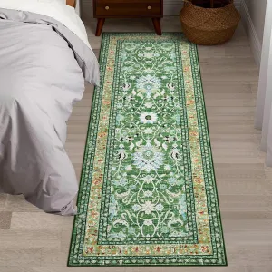 Persian Grass Green 2x6 Area Rug Oriental Vintage Carpet Soft Faux Wool Washable Non-Slip Stain Resistant Green Living Room Bedroom Kitchen