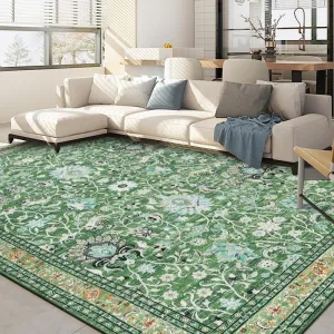 Persian Grass Green 8x10 Vintage Area Rug Distressed Washable Polyester Soft Texture Neutral Color Living Room Bedroom Office
