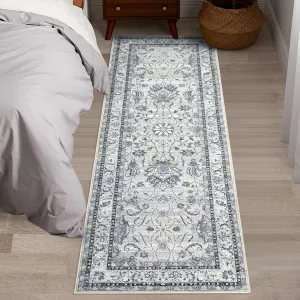 Persian Grey 2x6 Area Rug Oriental Vintage Carpet Soft Faux Wool Washable Non-Slip Stain Resistant Grey for Living Room Bedroom Kitchen