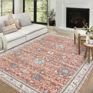 Persian Brick Red 8x10 Washable Boho Vintage Grey Area Rug Non-Slip Soft Faux Wool Stain Resistant Large Rugs for Living Room Bedroom Office Nursery