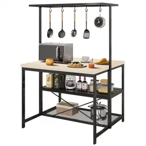 42" Large Kitchen Island Bakers Rack Microwave Oven Stand Kitchen Shelf with 3 Tier Storage, Metal Coffee Bar Table,Kitchen Storage Shelf for Dining Living Room, 5 Hooks, 42"*28"*72"