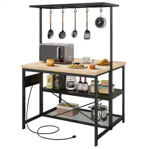 Kitchen Island with Storage, Bakers Rack with Power Outlet, Island Table for Kitchen,3 Tier Microwave Stand Oven Shelf,Large Coffee Bar Table, Storage Shelf for Kitchen Dining Room Living Room,5 Hooks