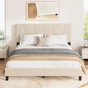 Full Size Bed Frame With Headboard Adjustable, Velvet Upholstered Full Platform Bed With Headboard, Mattress Foundation With Wooden Slats, No Box Spring Needed, Easy Assembly, Beige/Cream