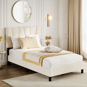 Twin Size Bed Frame with Adjustable Headboard, Linen Upholstered Twin Platform Bed Frame with Strong Wooden Slats, Mattress Foundation, No Box Spring Needed, Easy Assembly, Beige