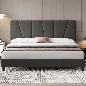King Size Bed Frame with Adjustable Headboard, Linen Upholstered Platform Bed Frame with Strong Wooden Slats, Mattress Foundation, No Box Spring Needed, Easy Assembly, Gray