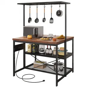 47 inch Kitchen Island with Storage & Power Outlet 3-Tier Microwave Stand, Coffee Bar Table, and Bakers Rack with 5 Hooks for Kitchen, Dining and Living Rooms