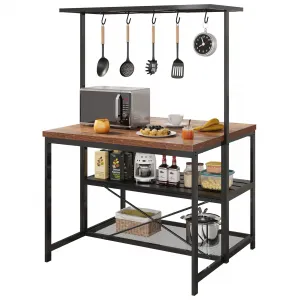 42 inch Kitchen Island Bakers Rack 5 Hooks 3 Tier Microwave Stand Oven Shelf with Storage,Large Coffee Bar Table, Storage Shelf for Kitchen Dining Room Living Room